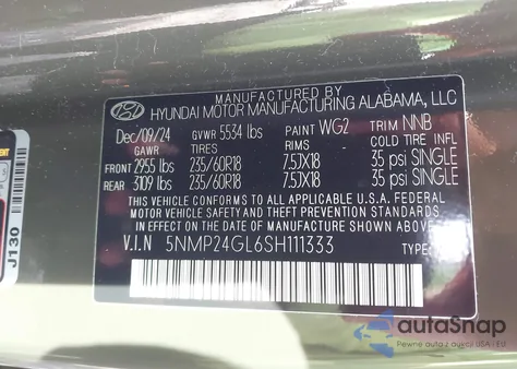 2025 Hyundai Santa Fe Sel z USA, uszkodzony, nr VIN 5NMP24GL6SH111333